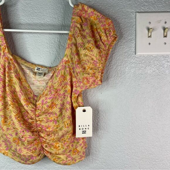 New! Billa Bong Peasant Croped Rushed Floral Print Orange Women’s Top Sz L - Picture 4 of 11
